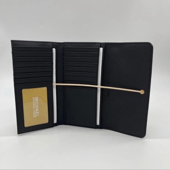 Michael Kors Large Trifold Wallet Black Leather Rich Black/Gold - Picture 6 of 8